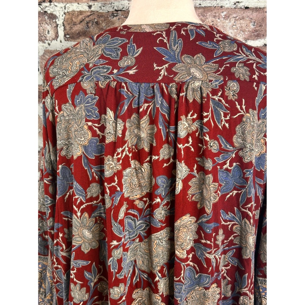 Lucky Brand Red Floral Boho Henley Tunic Blouse Plus Size 2X 3/4 Sleeve Border - Picture 8 of 14